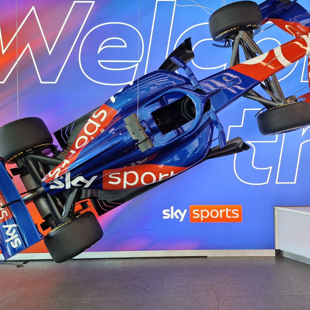 Suspended replica formula one car at Sky studios